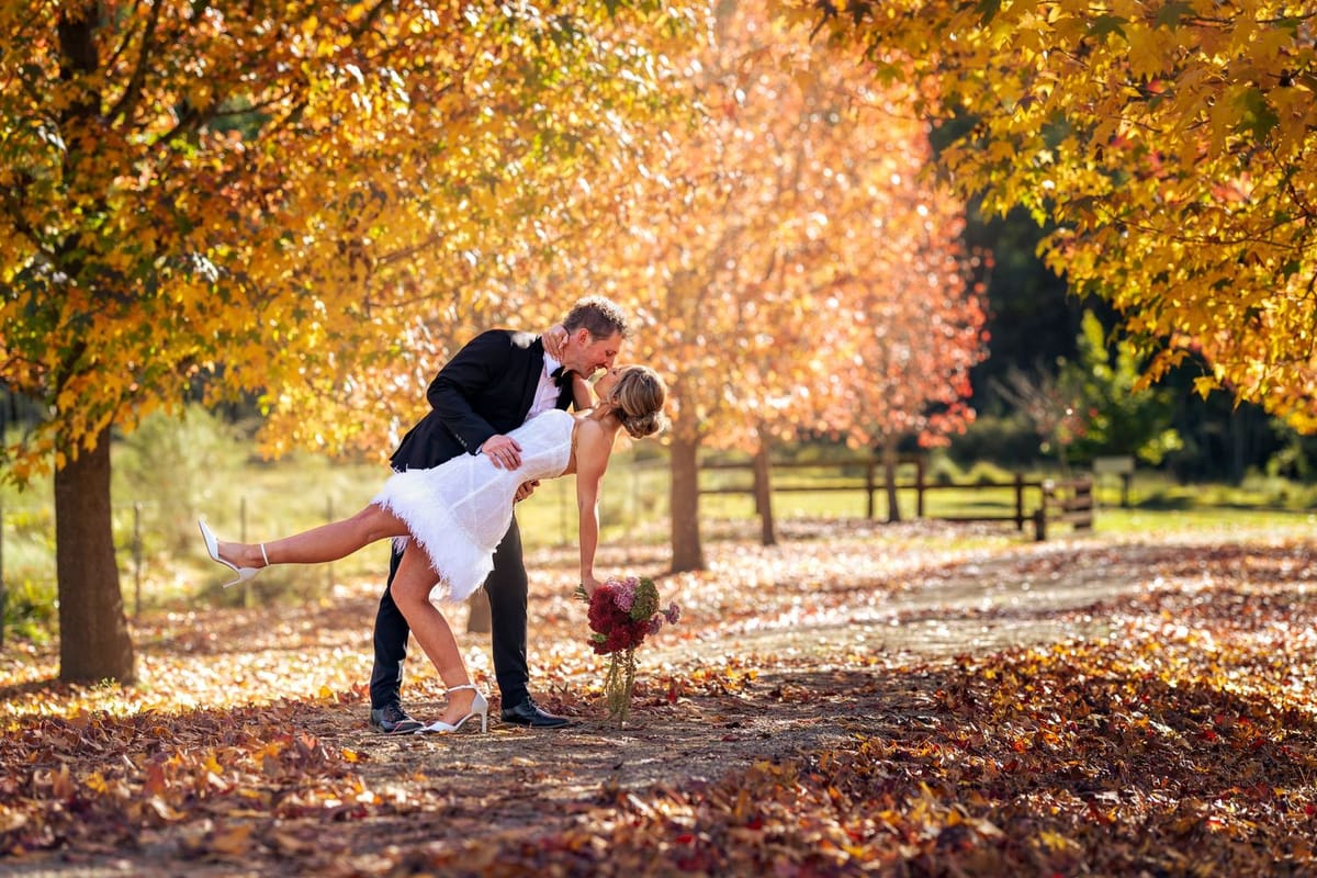 A couple dipping into a kiss among autumn foliage at Lawson Park, Hartley Vale
