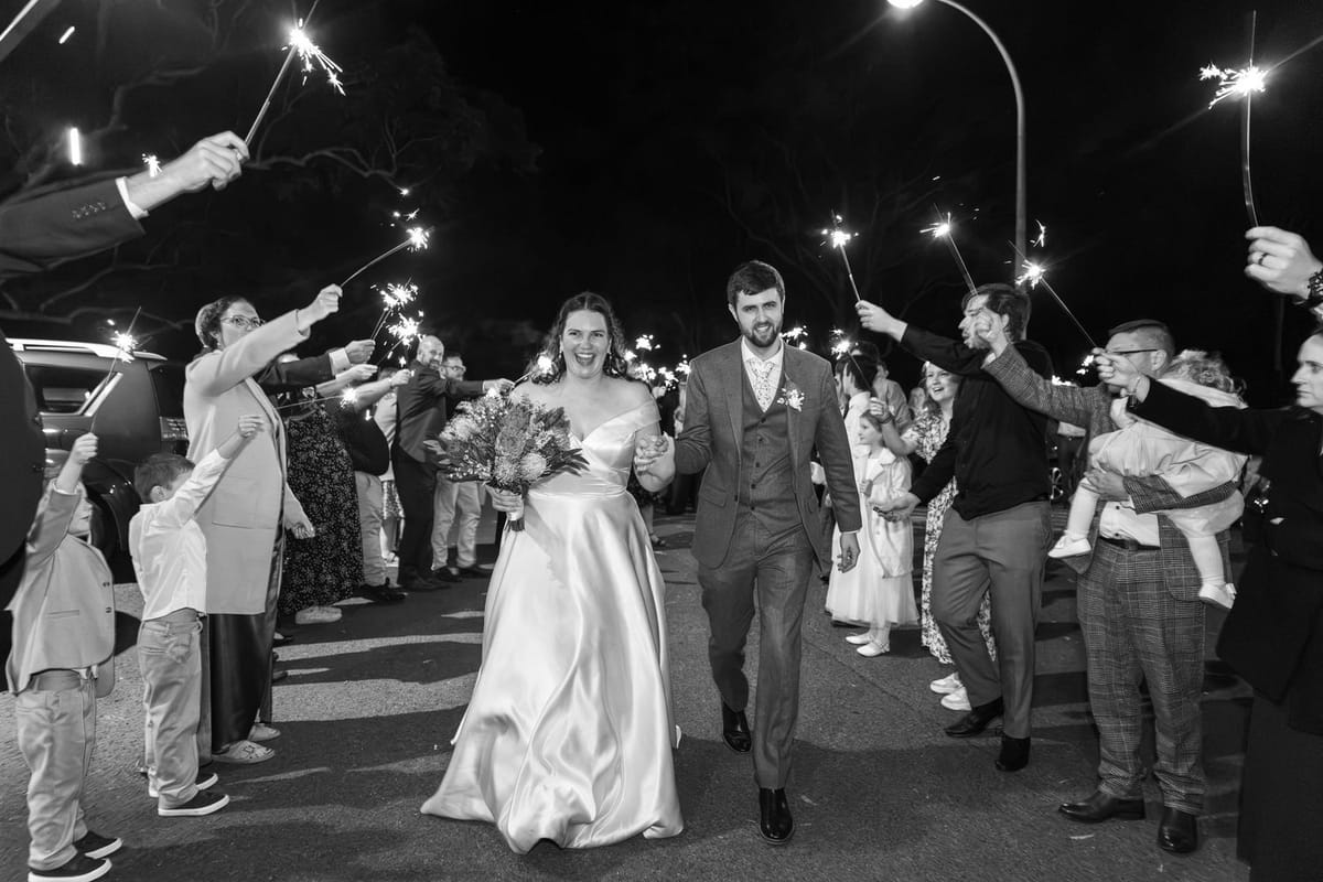Sparkler exit (black and white) — photographed at Mulgoa Hall, Mulgoa
